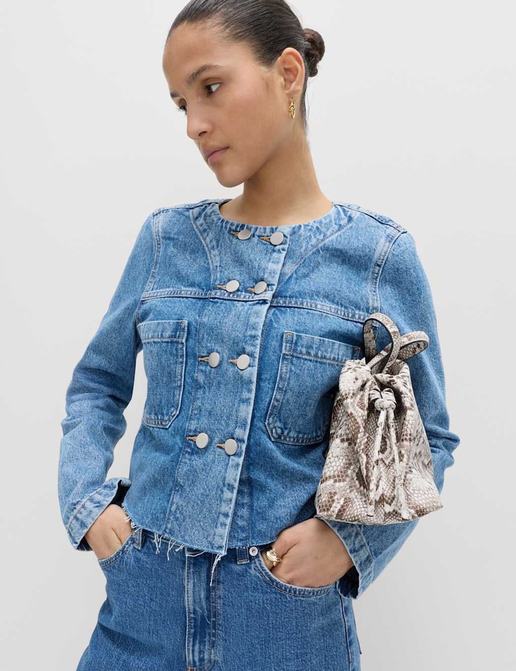 Marks & Spencer M&S Denim Collarless Double-Breasted Cropped Jacket Medium Indigo - 3