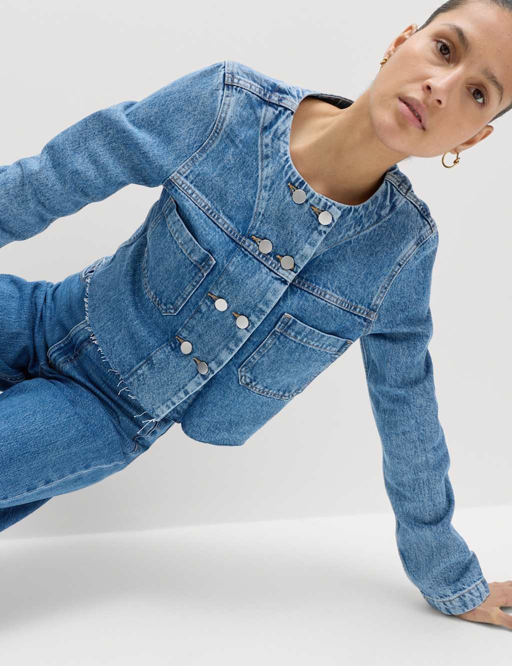 Marks & Spencer M&S Denim Collarless Double-Breasted Cropped Jacket Medium Indigo - 4