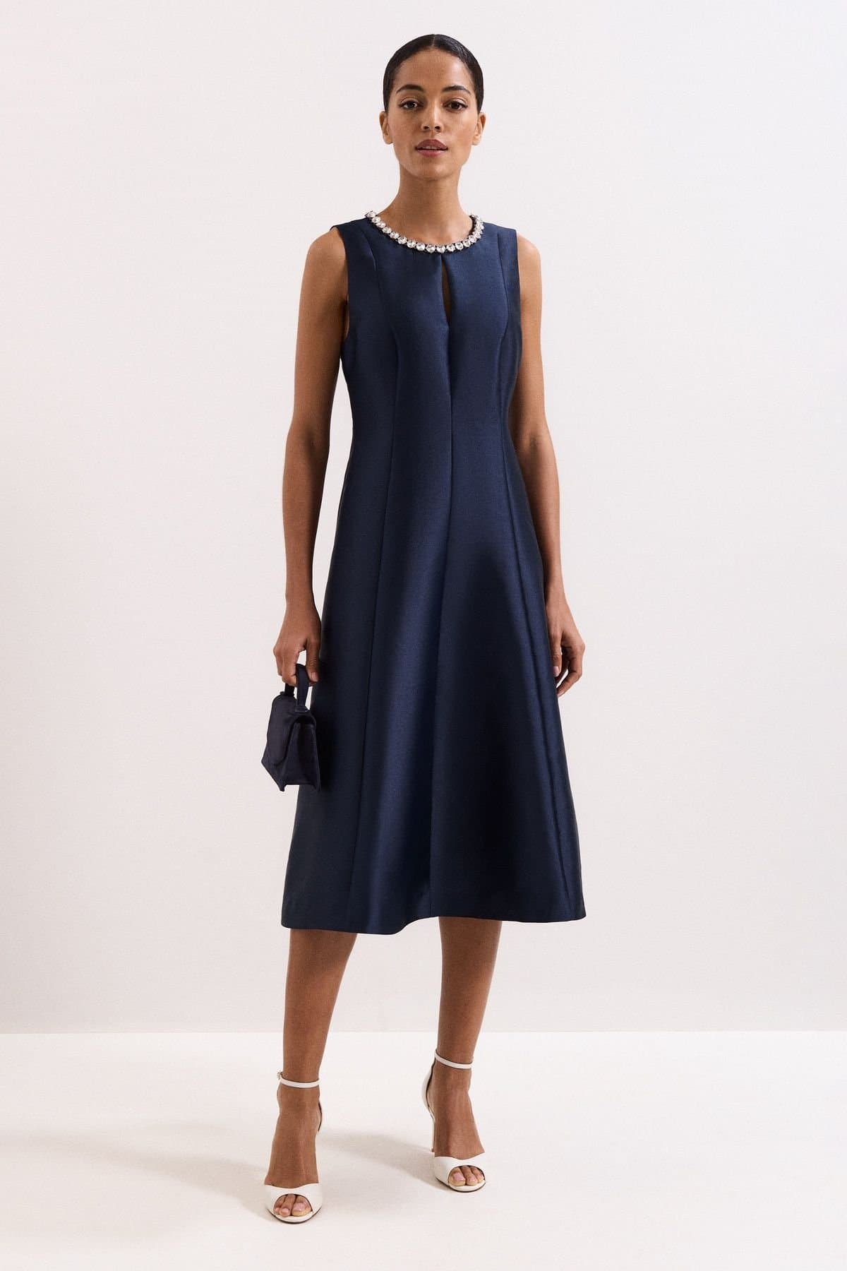 Phase Eight Phase Eight Women's Judy Embellished-Neck Satin Midi Dress in Dark Navy