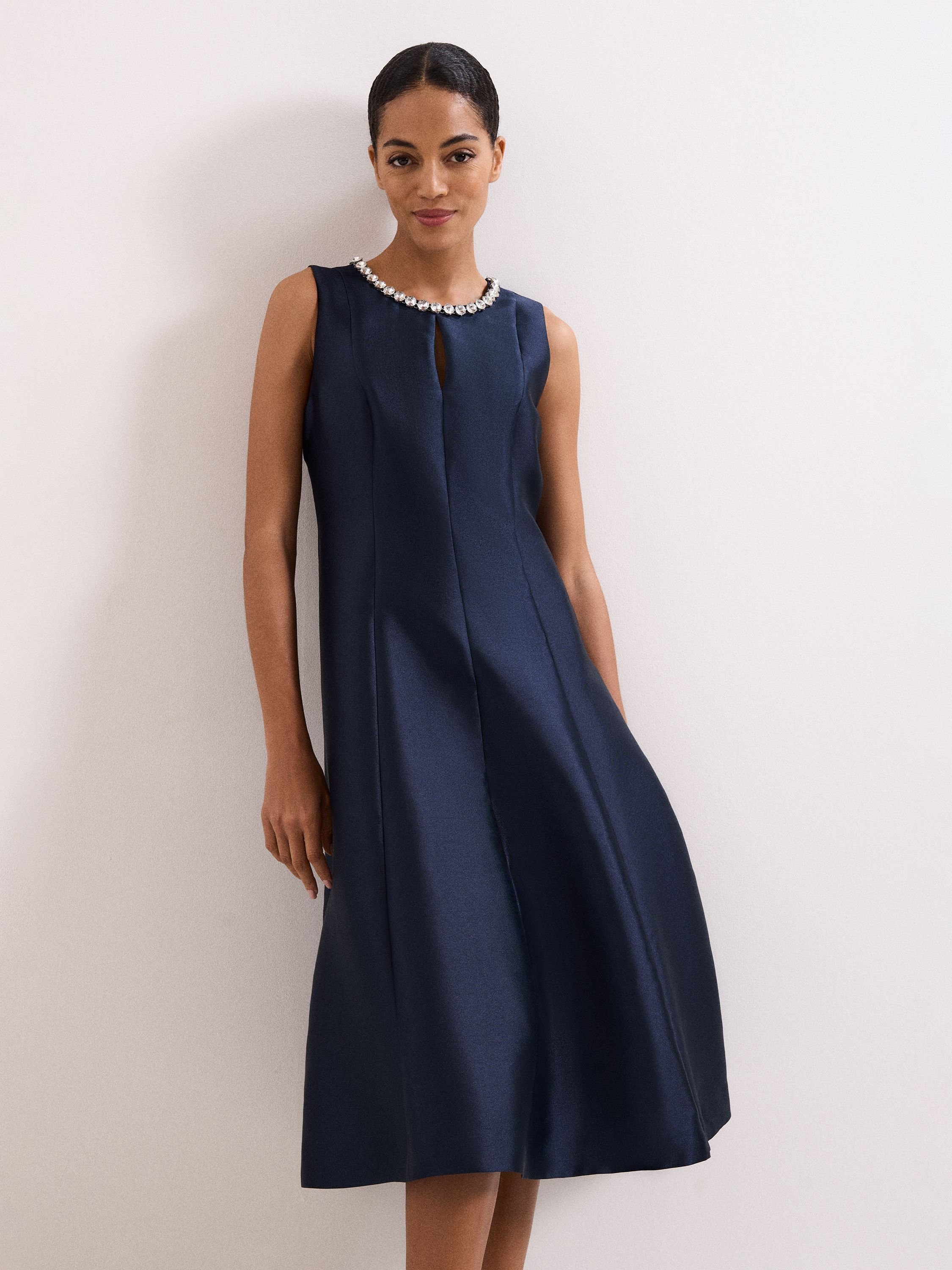 Phase Eight Phase Eight Women's Judy Embellished-Neck Satin Midi Dress in Dark Navy - 2