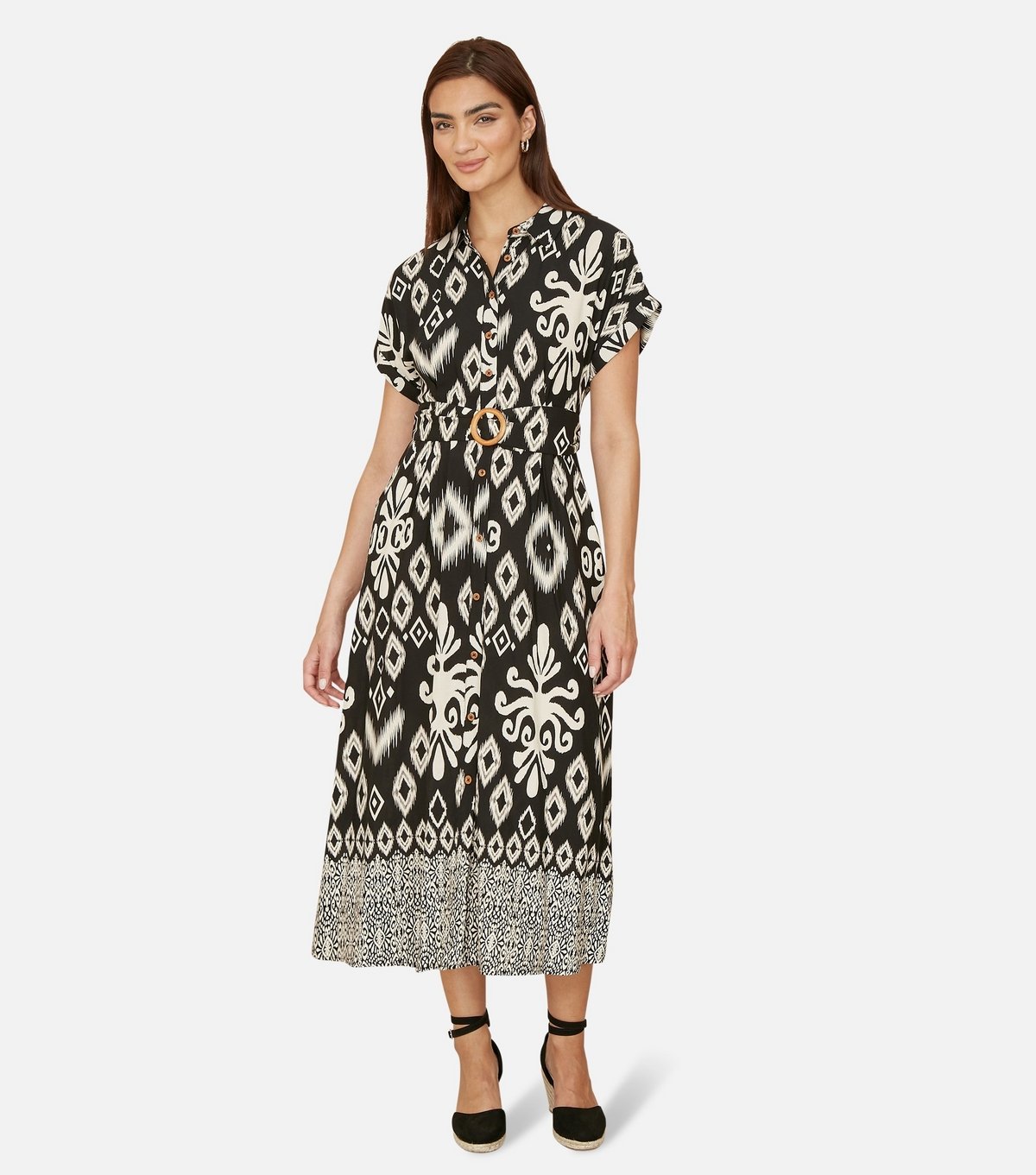 Yumi Women's Black Patterned Midi Shirt Dress Yumi New Look - 2