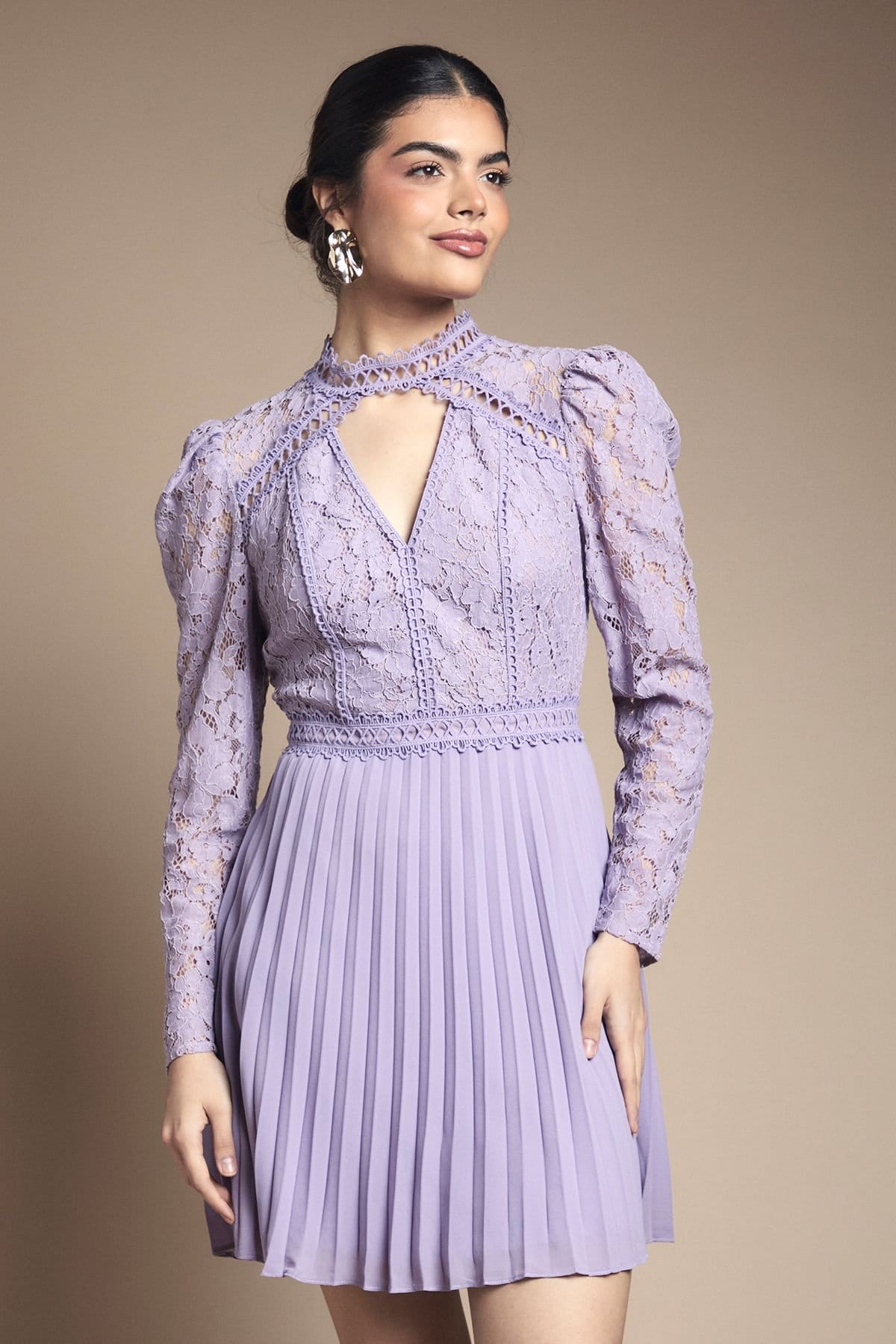 Oasis Purple Lace Bodice Pleat Mini Dress
