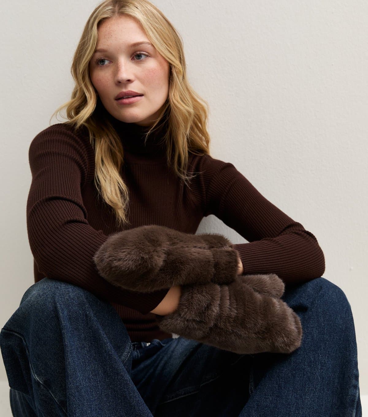 New Look Dark Brown Faux Fur Mittens New Look