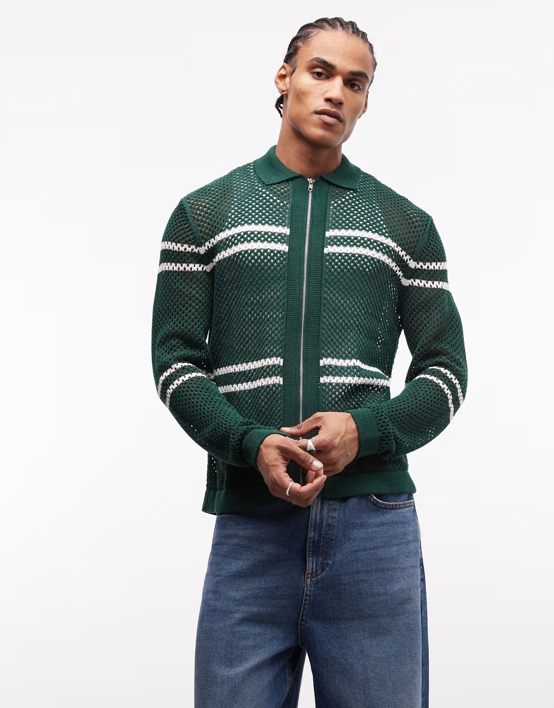 ASOS ASOS DESIGN Relaxed Knitted Zip-Through Cardigan in Dark Green