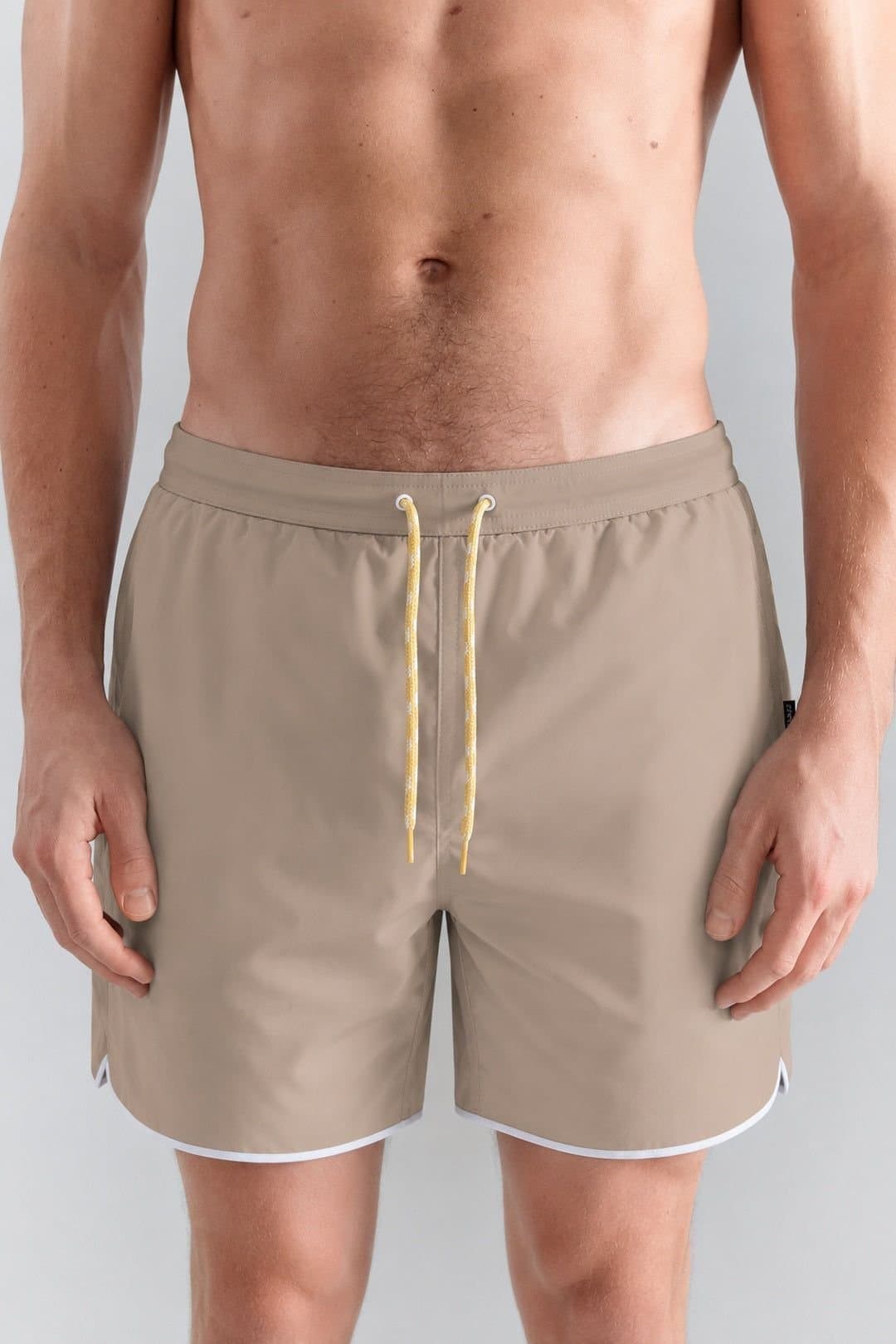 Little Nooks Little Nooks Men's Petro Contrast Trim Swim Shorts in Beige