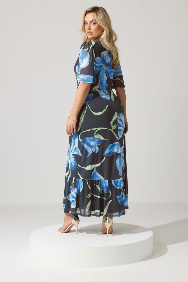 Yours Yours Women's Floral Wrap Ruffle Hem Dress in Dark Navy - 3