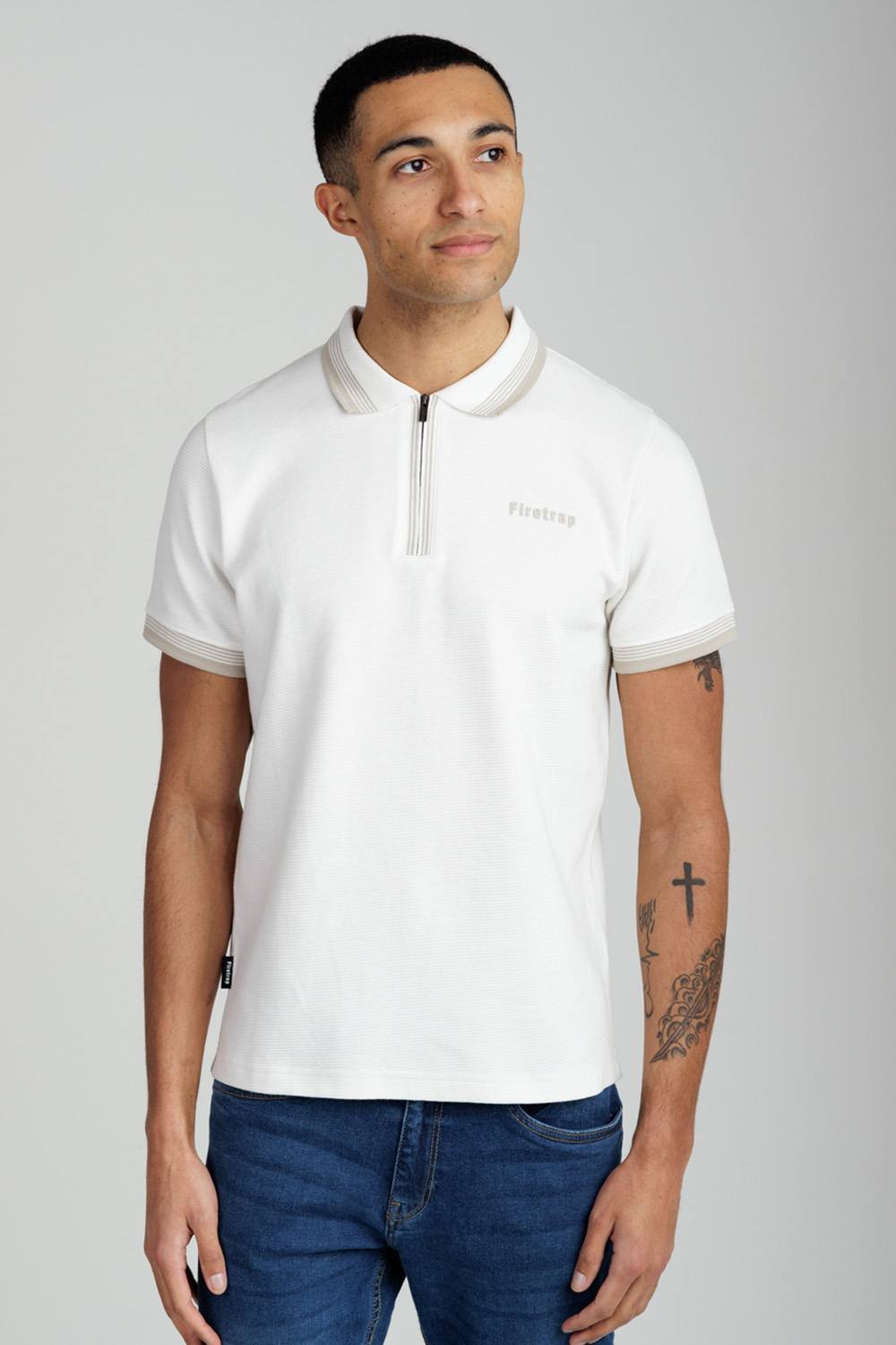 Firetrap Firetrap Men's Regular Fit Cotton Ottoman Zip Polo in Ecru - 2