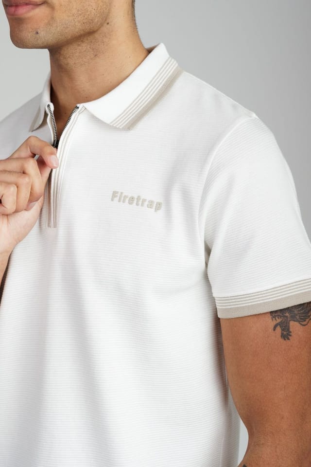 Firetrap Firetrap Men's Regular Fit Cotton Ottoman Zip Polo in Ecru - 3
