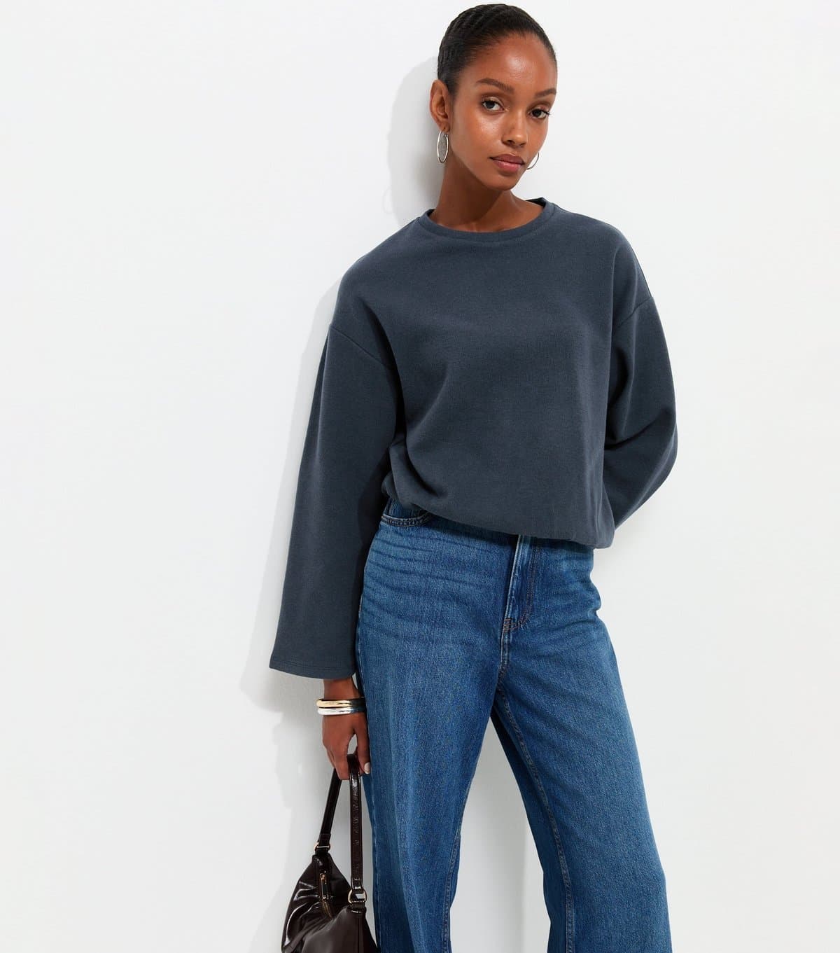 New Look New Look Navy Cotton Rich Soft Touch Bubble Hem Top