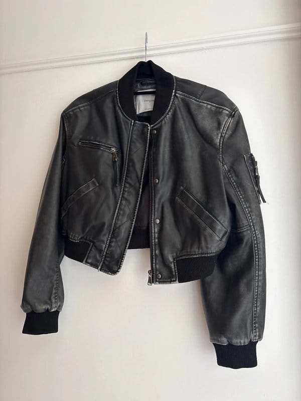 Bershka Black Leather Bomber Jacket