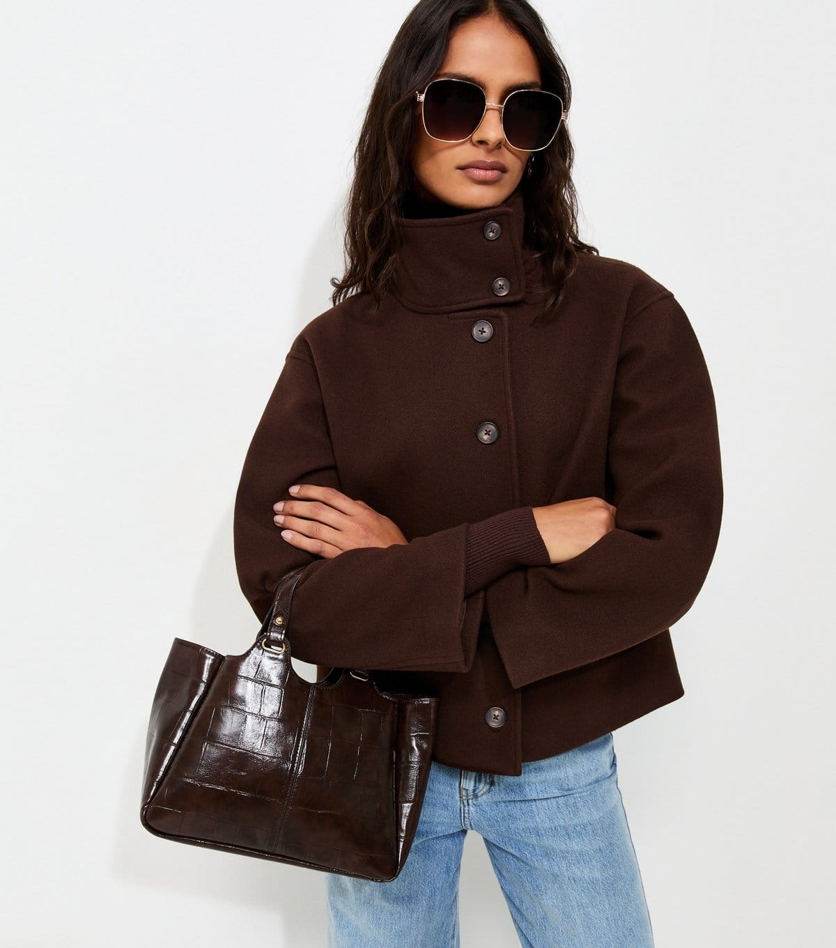 New Look Dark Brown Woven Funnel Neck Jacket
