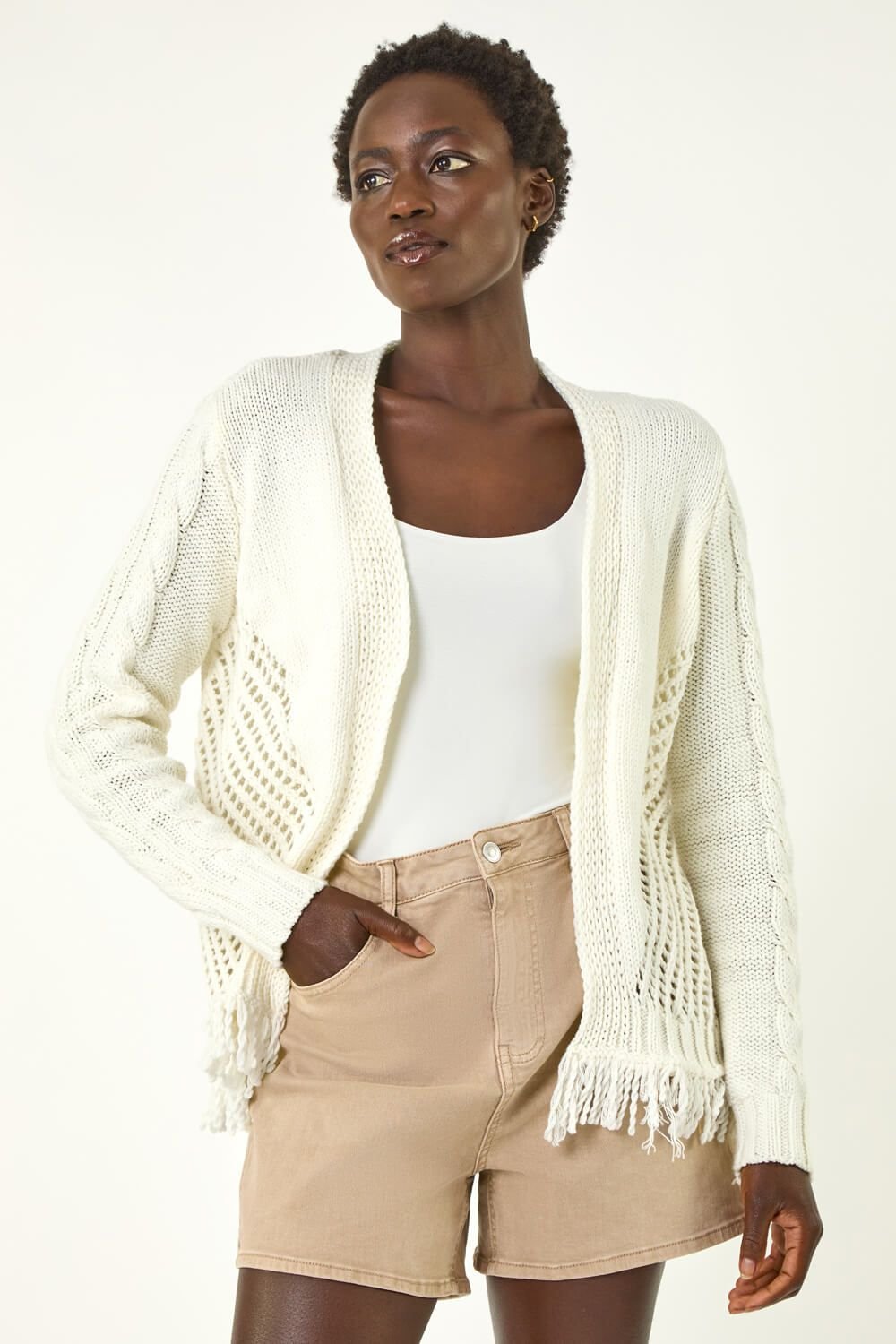 Roman Roman Women's Lightweight Fringe Hem Knit Cardigan in Ivory - 4