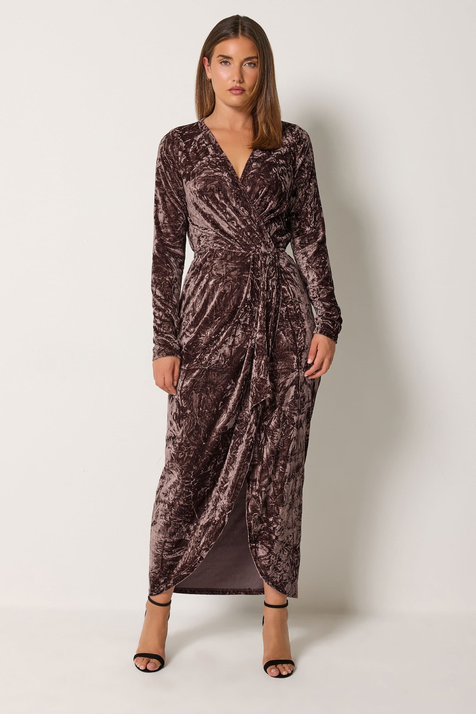 Long Tall Sally Long Tall Sally Women's Tall Crushed Velvet Wrap Midi Dress in Brown