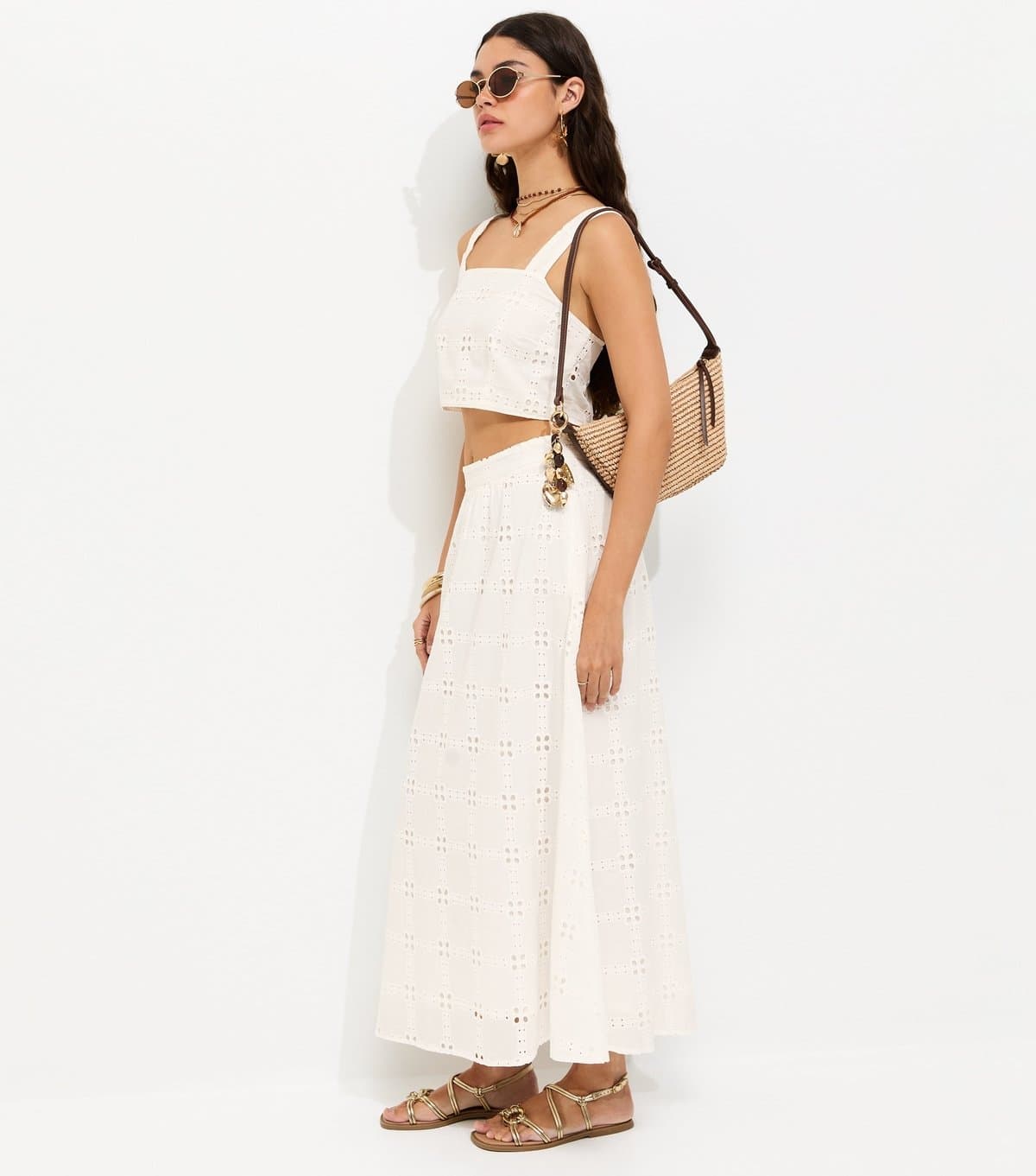 New Look Women's White Embroidered Cut Out Maxi Skirt New Look