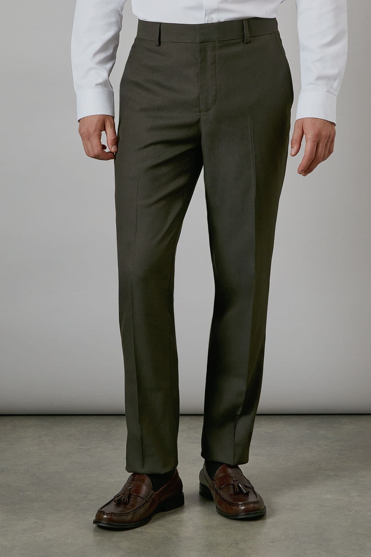 Burton Burton Men's Khaki Textured Stretch Slim Fit Suit Trouser