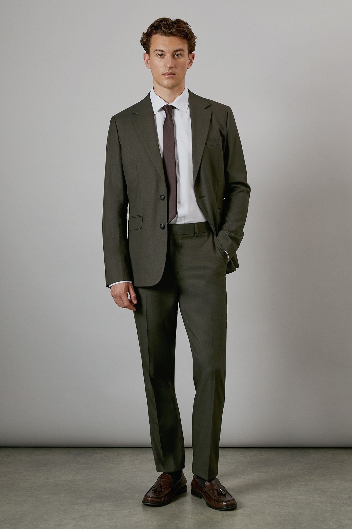 Burton Burton Men's Khaki Textured Stretch Slim Fit Suit Trouser - 2