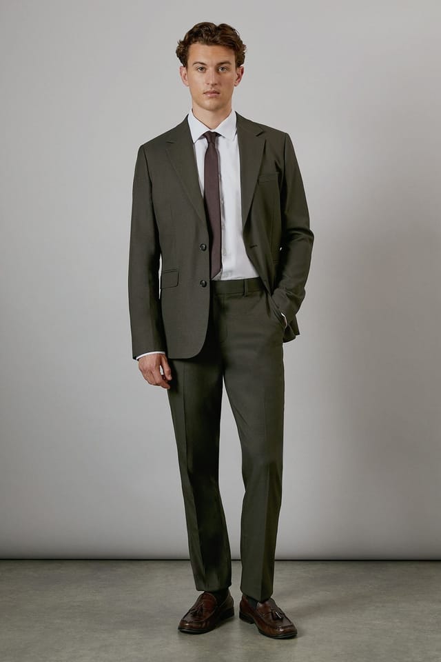 Burton Burton Men's Khaki Textured Stretch Slim Fit Suit Trouser - 2