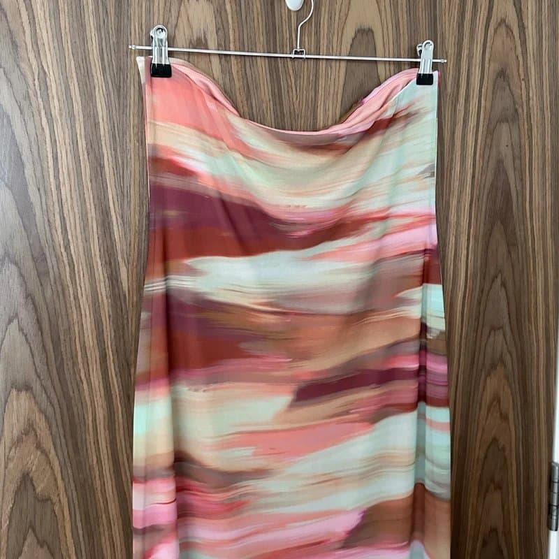 ASOS ASOS Pink Green Abstract Brushed Smudge Print Bandeau Sleeveless Mesh Maxi Dress Size 16