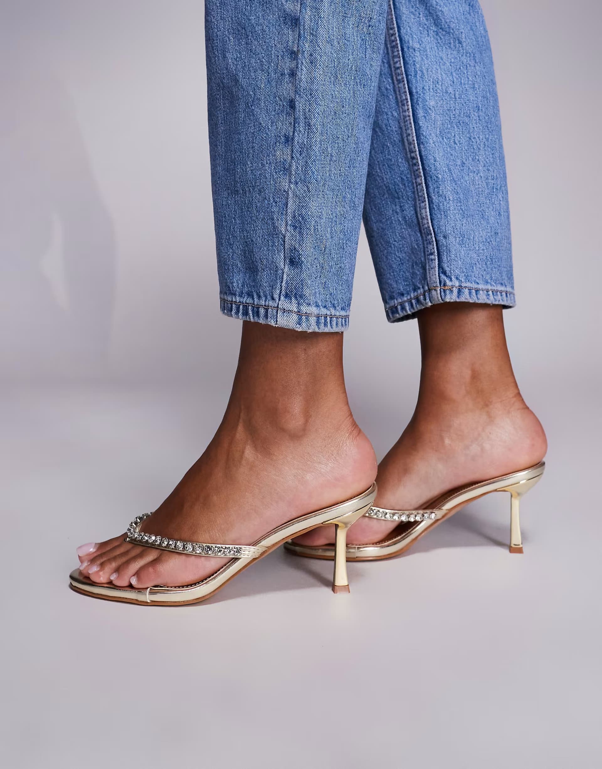 ASOS SIMMI Shoes Sheen diamante toe thong heeled sandals in gold metallic