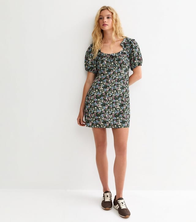 New Look Women's Black Rose Print Square Neck Ruffle Trim Mini Dress New Look - 3