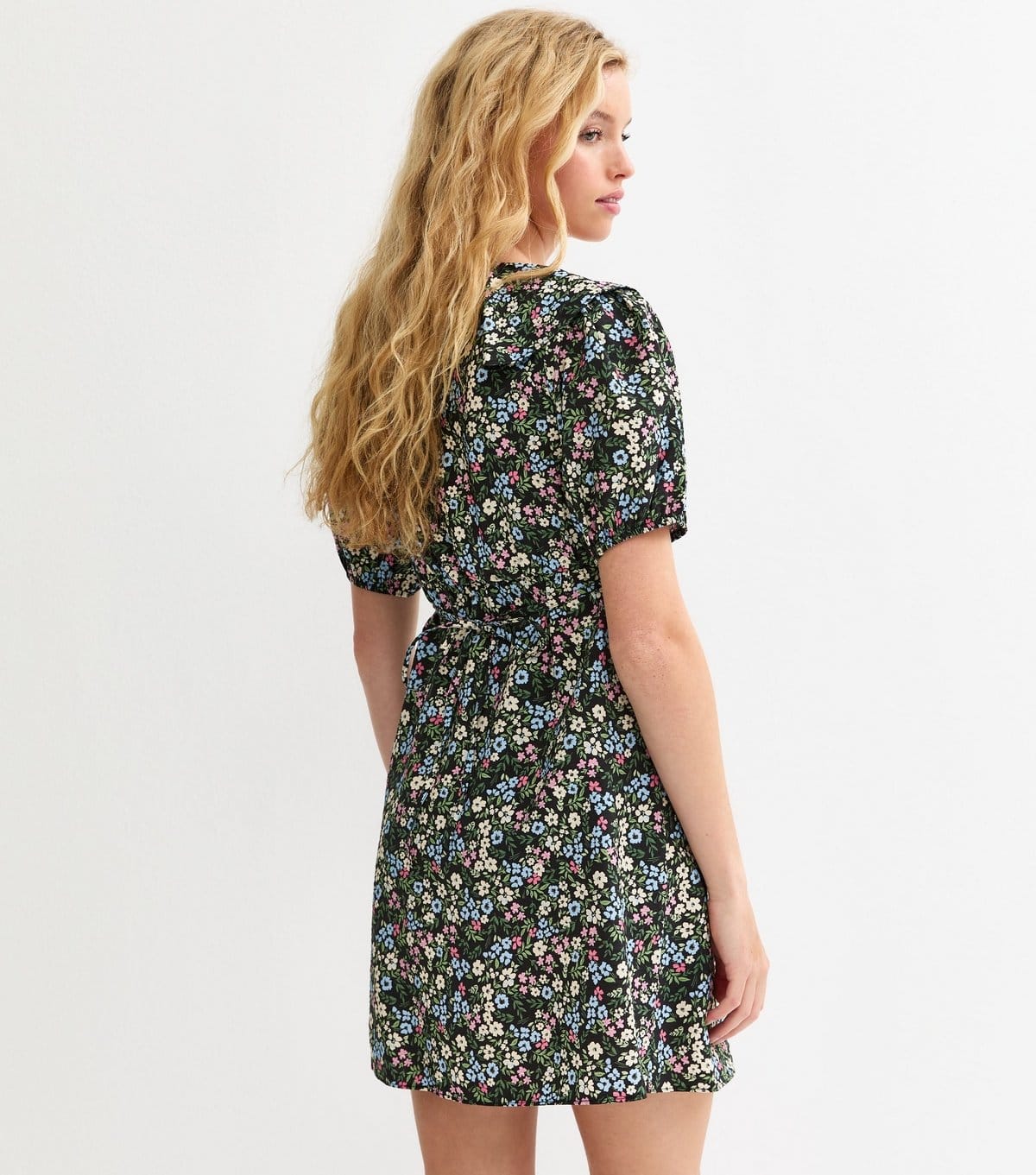 New Look Women's Black Rose Print Square Neck Ruffle Trim Mini Dress New Look - 4