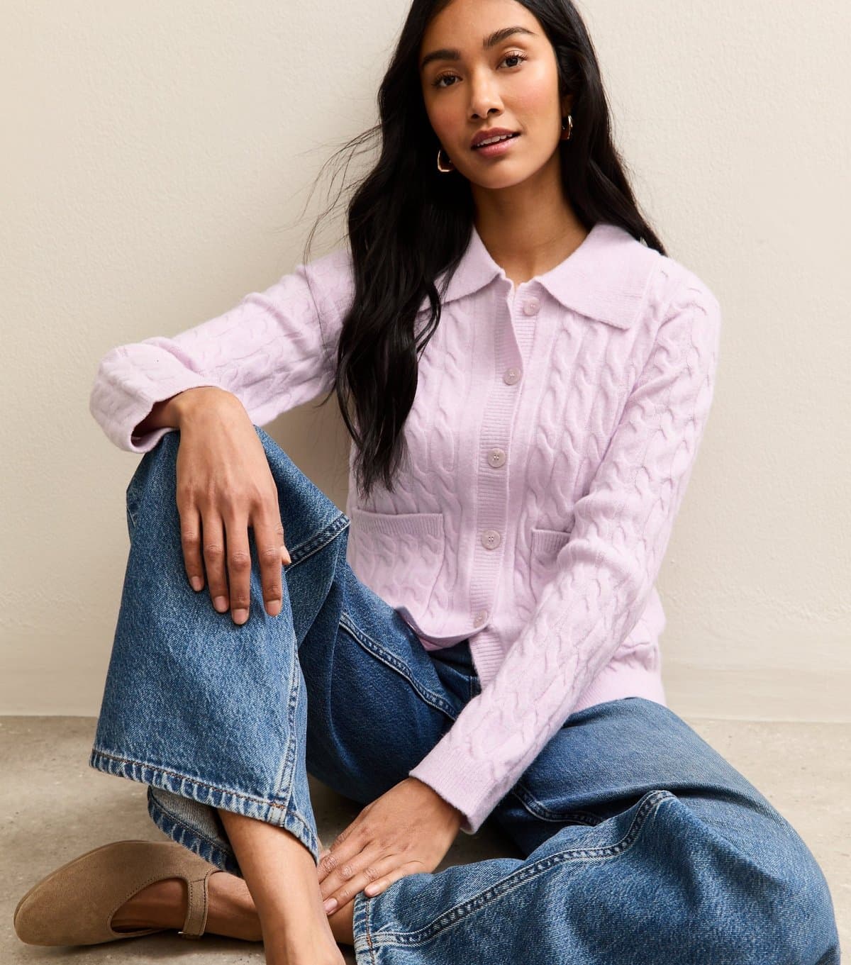 New Look Women's Lilac Cable Knit Collared Cardigan New Look