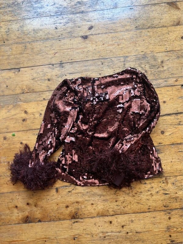 ASOS Gold Sequin Top with Fluffy Sleeves