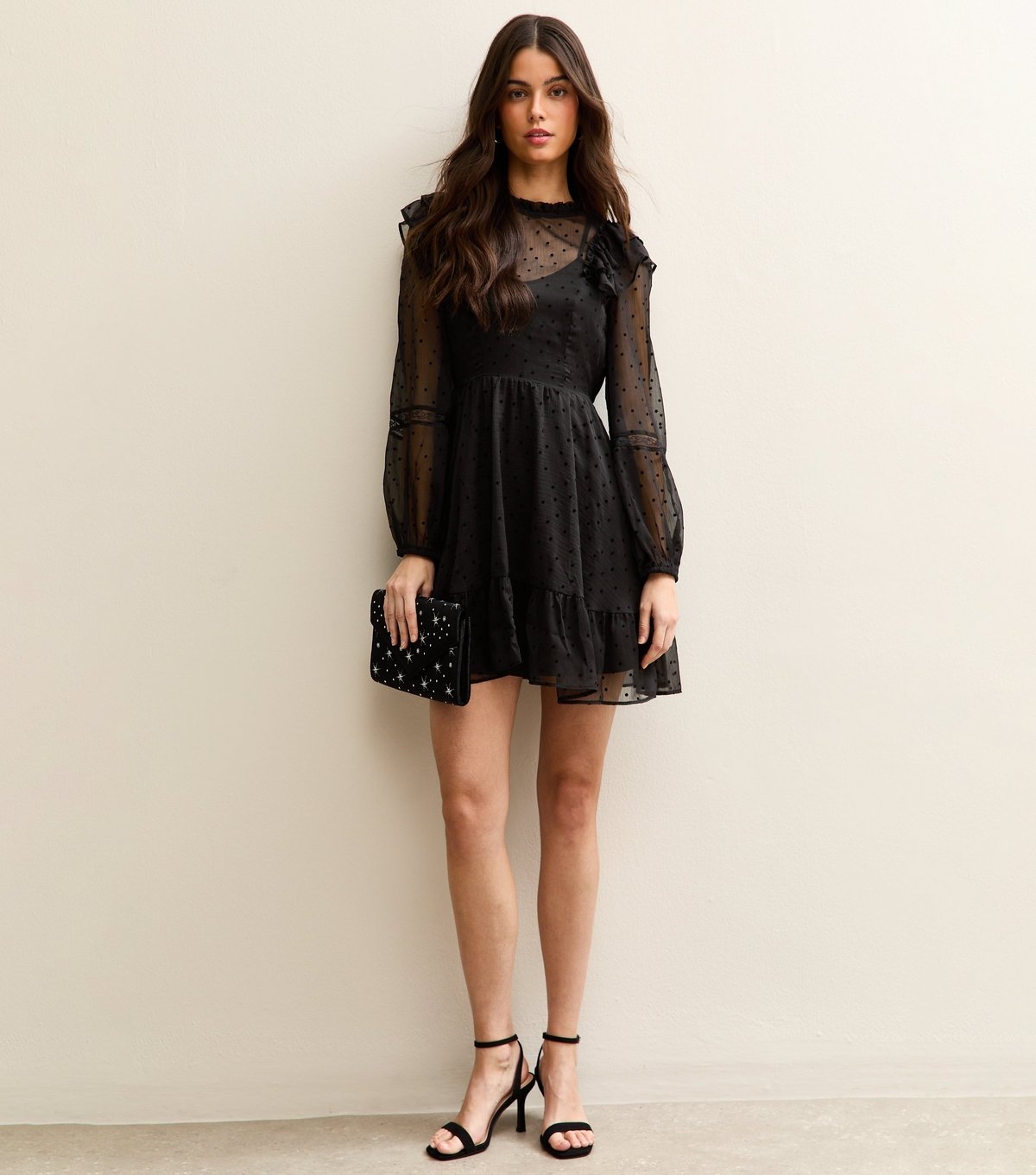 New Look Women's Black Dobby Ruffle Long Sleeve Mini Dress New Look - 3