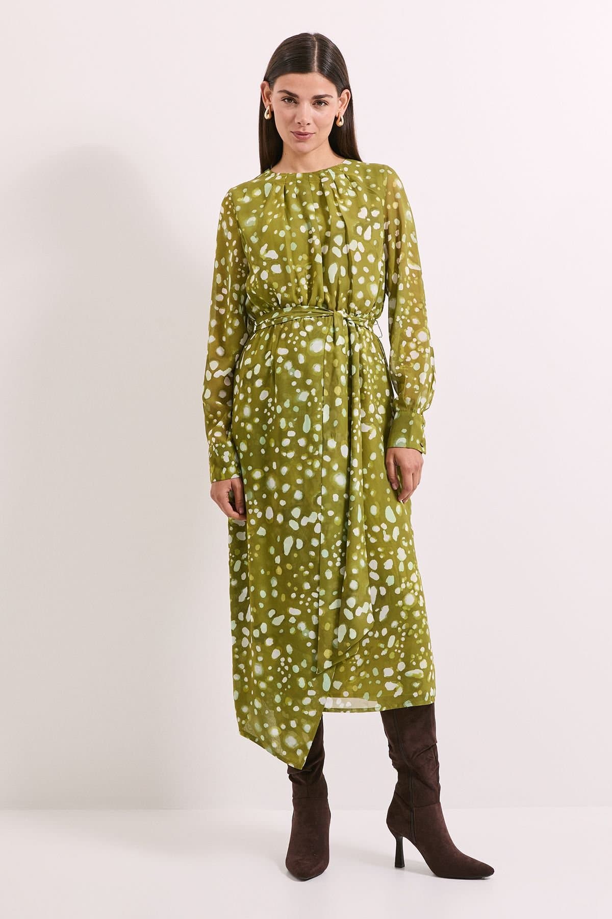 Principles Principles Women's Green Spot Pleat Neck Drape Midi Dress