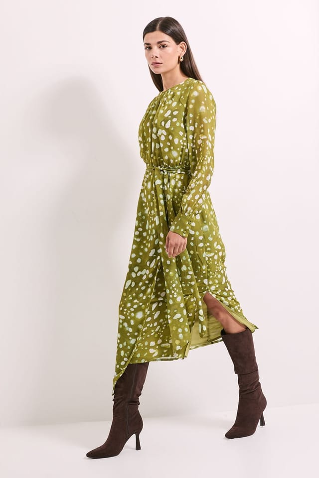 Principles Principles Women's Green Spot Pleat Neck Drape Midi Dress - 2