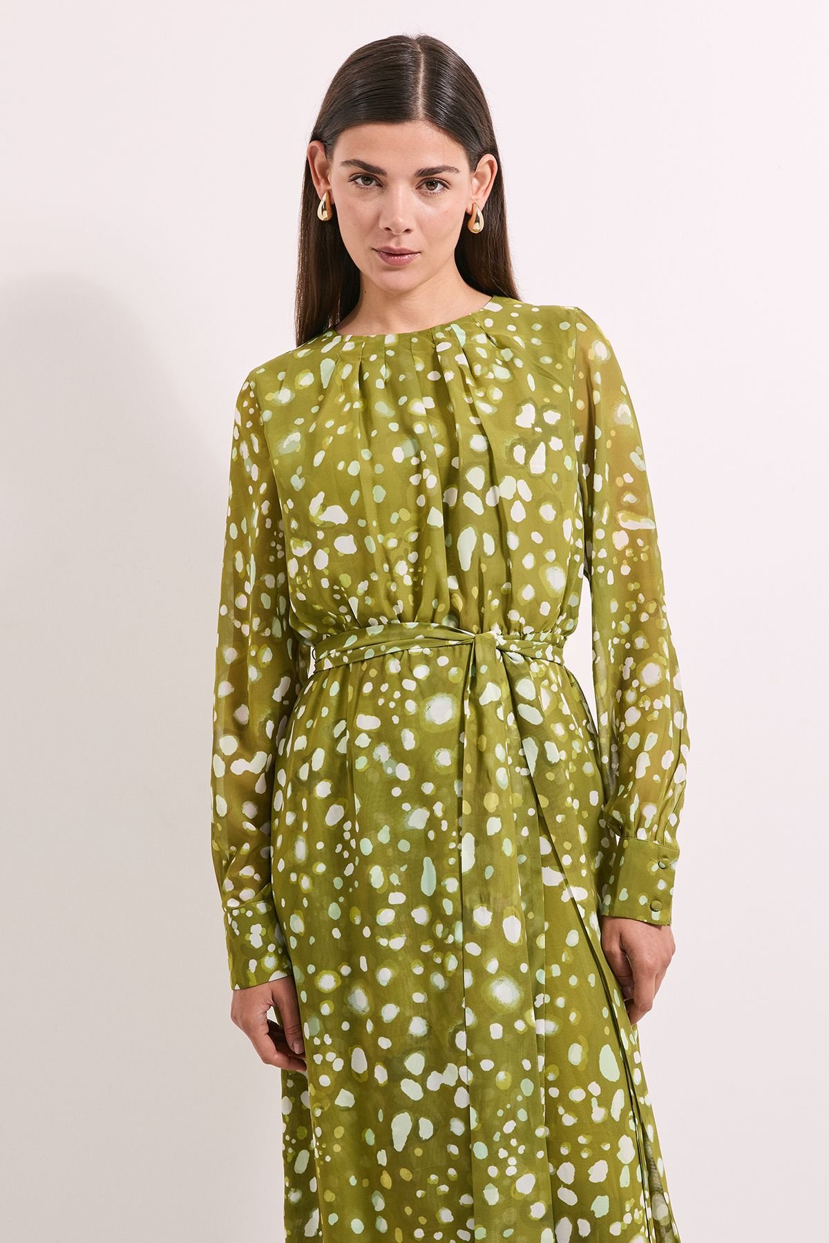 Principles Principles Women's Green Spot Pleat Neck Drape Midi Dress - 3