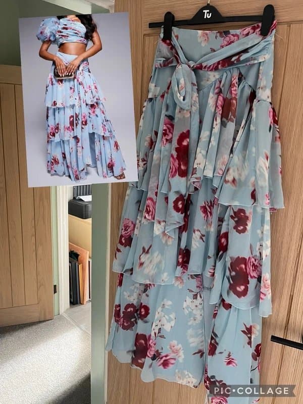 ASOS Asos luxe tiered ruffle organza maxi skirt in blue floral print