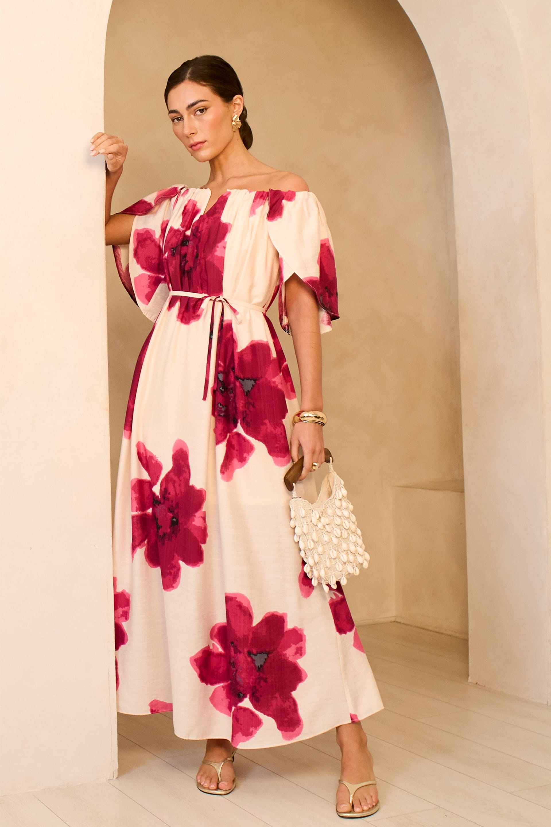 Gini London Pink Bardot Trapeze Maxi Dress in Cream