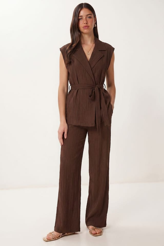 Happiness Istanbul Happiness Istanbul Women's High Waist Two-Piece Set with Shirt Collar & Wide Leg Pants in Brown - 2