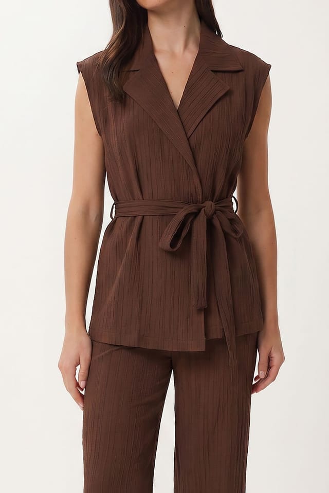 Happiness Istanbul Happiness Istanbul Women's High Waist Two-Piece Set with Shirt Collar & Wide Leg Pants in Brown - 3