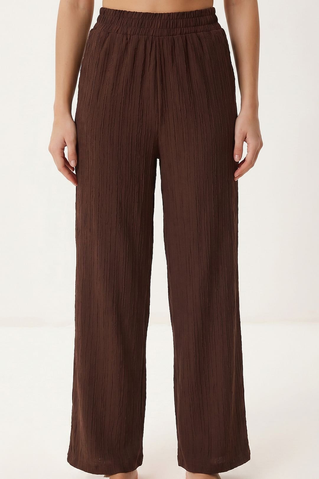 Happiness Istanbul Happiness Istanbul Women's High Waist Two-Piece Set with Shirt Collar & Wide Leg Pants in Brown - 4