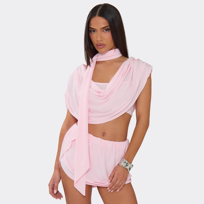 EGO Cowl Neck Draped Detail Top With Scarf In Pink, Women's Size UK 6 - 1
