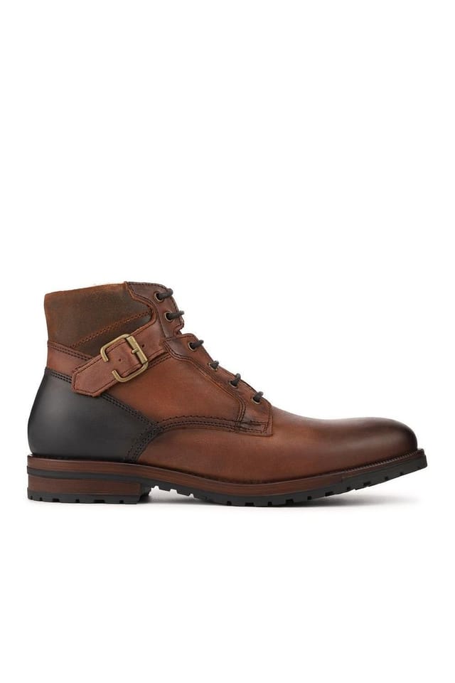 Pavers Pavers Men's Leather Fur Lined Boots With Buckle Detail in Dark Brown - 2