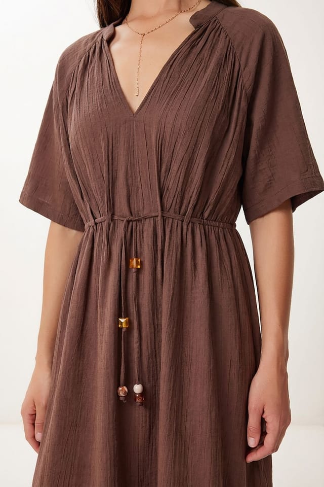 Happiness Istanbul Happiness Istanbul Women's Solid Chiffon Midi Dress With Tie Detail in Chocolate - 3