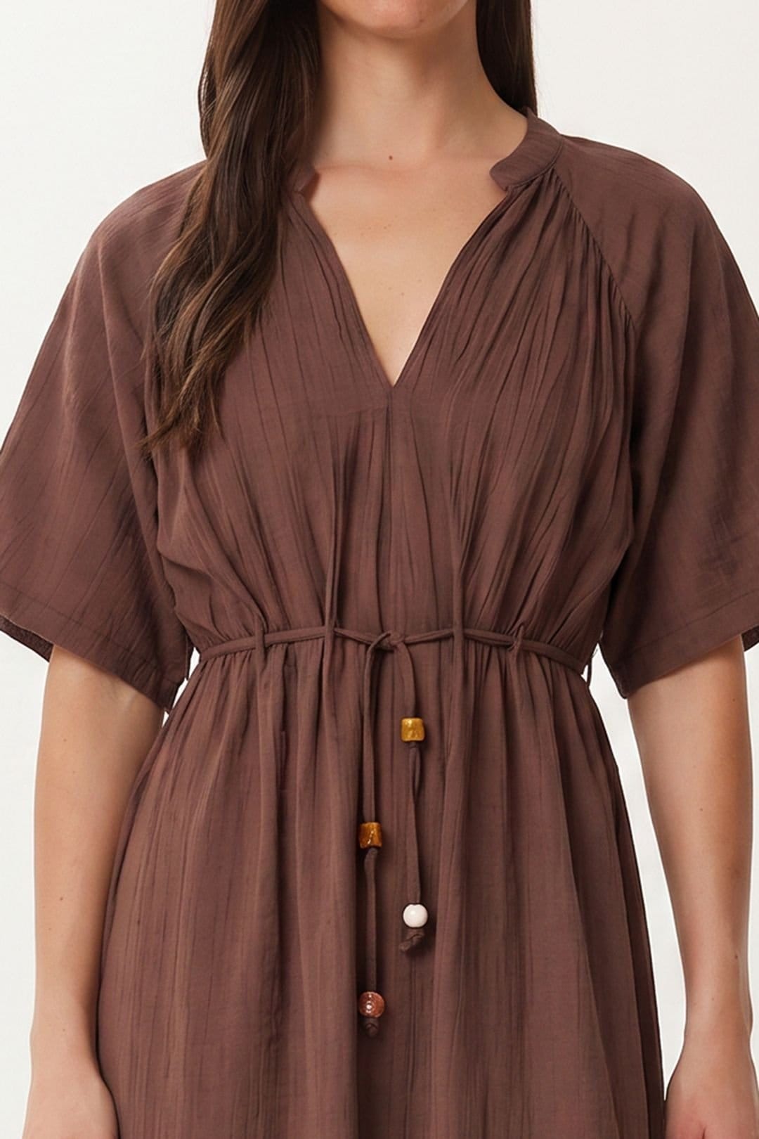 Happiness Istanbul Happiness Istanbul Women's Solid Chiffon Midi Dress With Tie Detail in Chocolate - 4