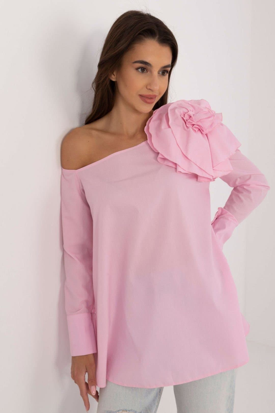 Love Lace Love Lace Women's Elegant Cotton Asymmetrical Blouse with Flower Pin in Pink