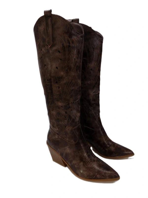 EGO Womens Western Knee Boots UK 9 to 8.5 Pointed Toe Block Heel Brown Faux Leather