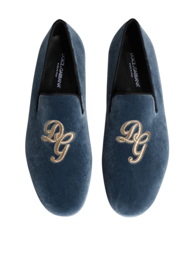Dolce & Gabbana Dolce & Gabbana Men's Blue Velvet DG Logo Loafers Formal Shoes - 3