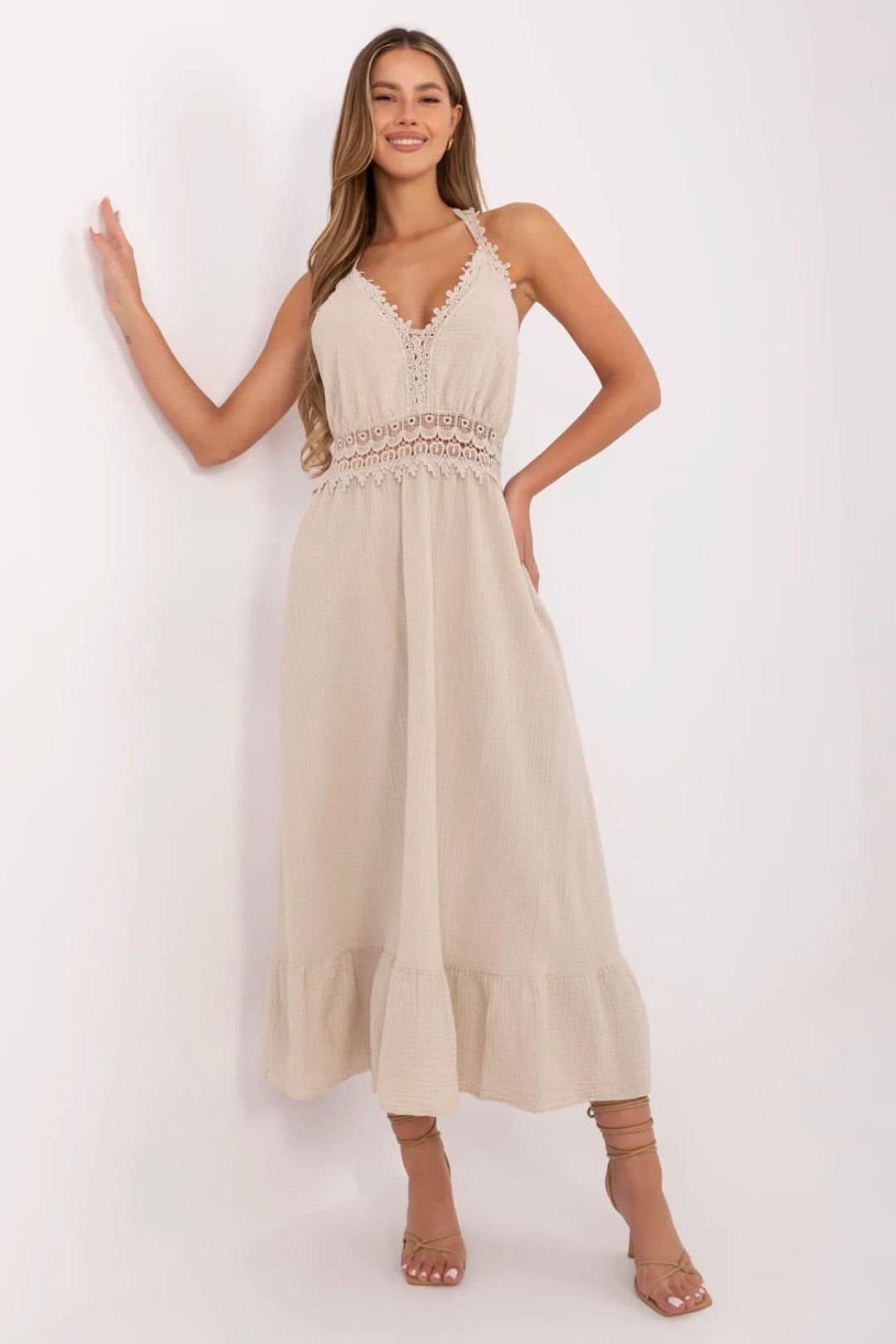 Love Lace Love Lace Women's Summer Boho Cotton V Neck Midi Dress in Beige
