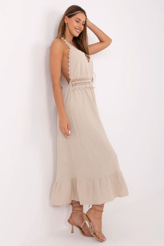 Love Lace Love Lace Women's Summer Boho Cotton V Neck Midi Dress in Beige - 2