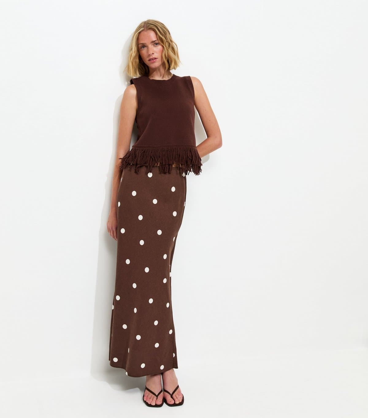 New Look Women's Brown Linen Blend Polka Dot Bias Cut Midi Skirt New Look