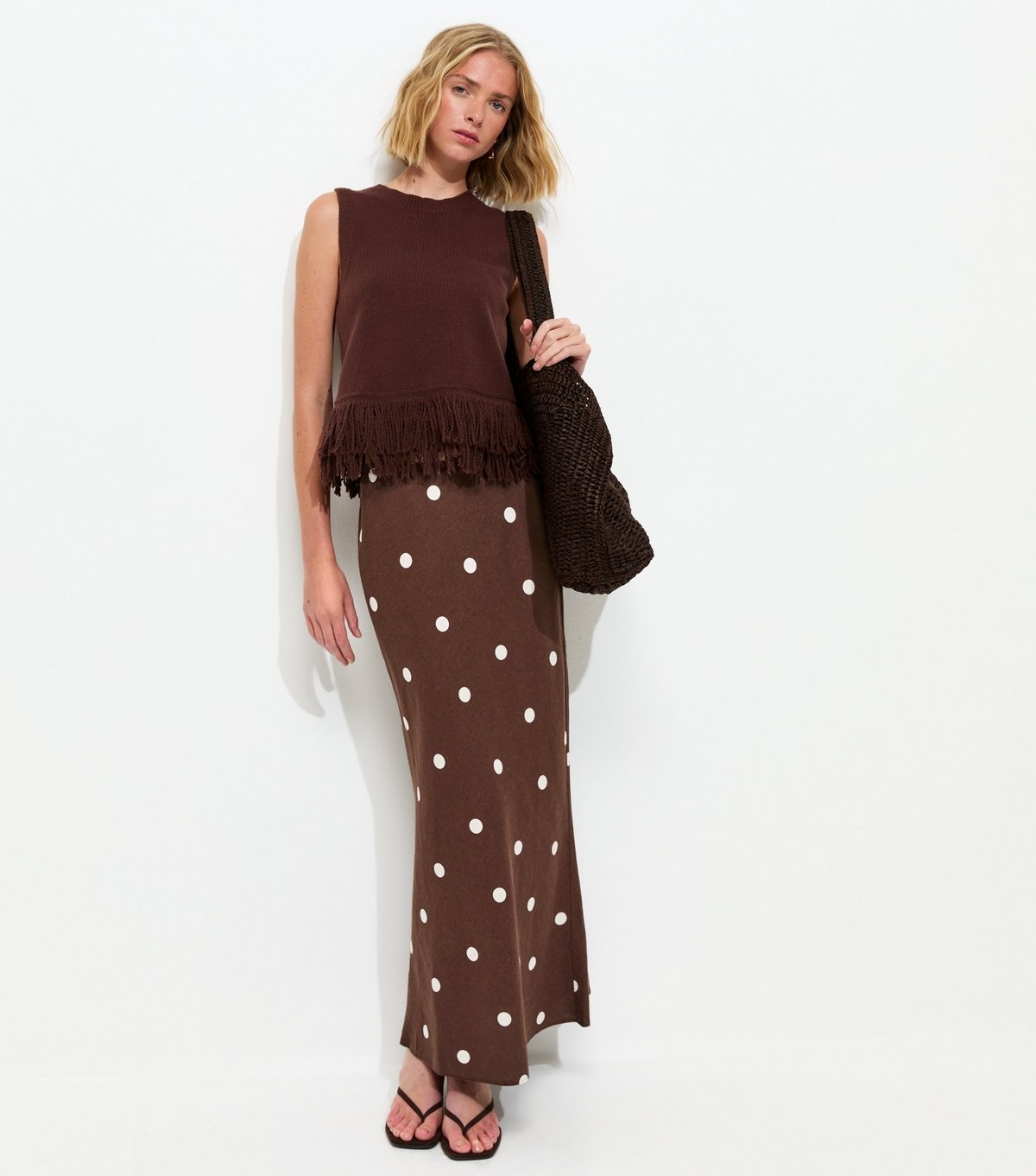 New Look Women's Brown Linen Blend Polka Dot Bias Cut Midi Skirt New Look - 3