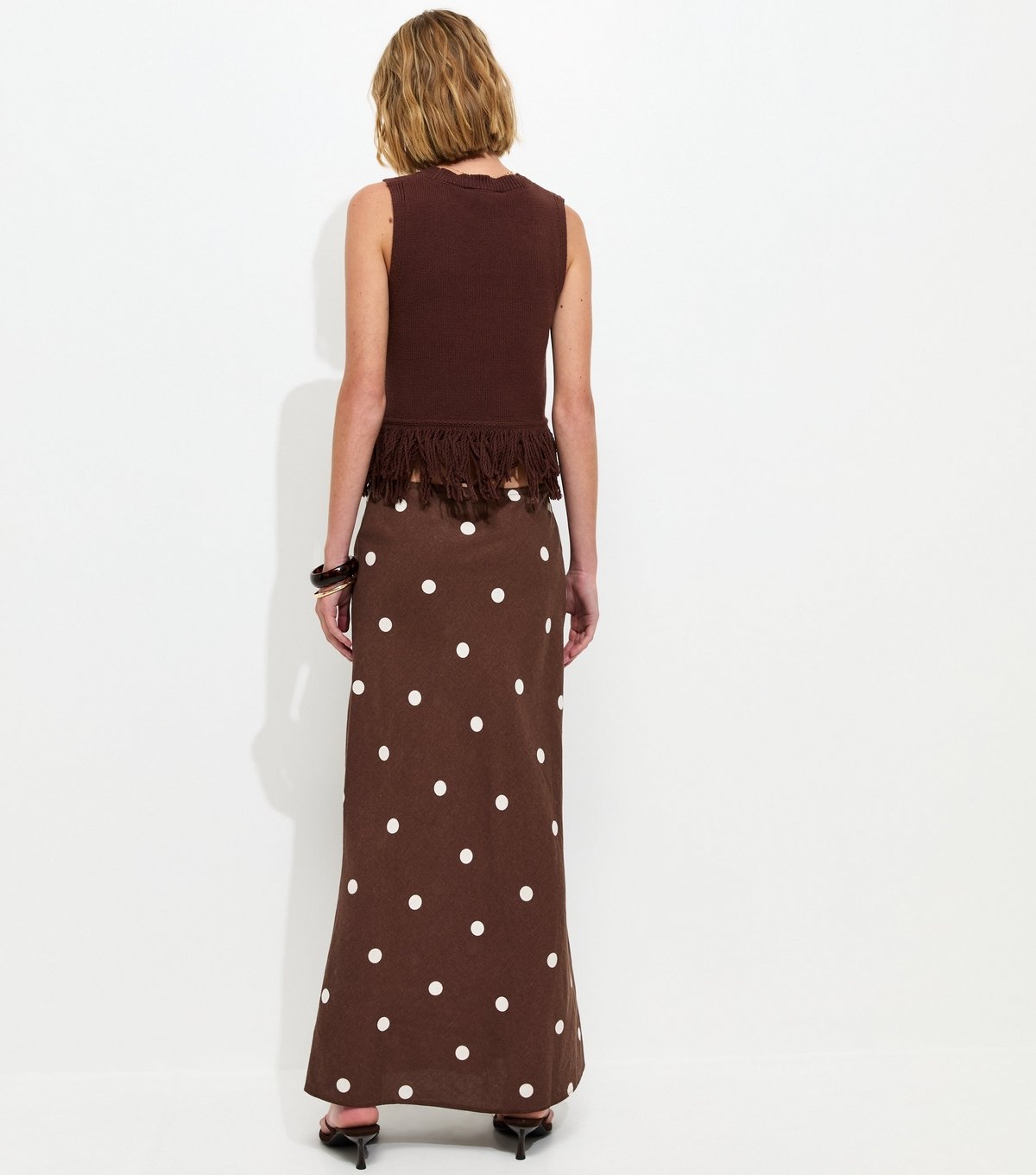 New Look Women's Brown Linen Blend Polka Dot Bias Cut Midi Skirt New Look - 4