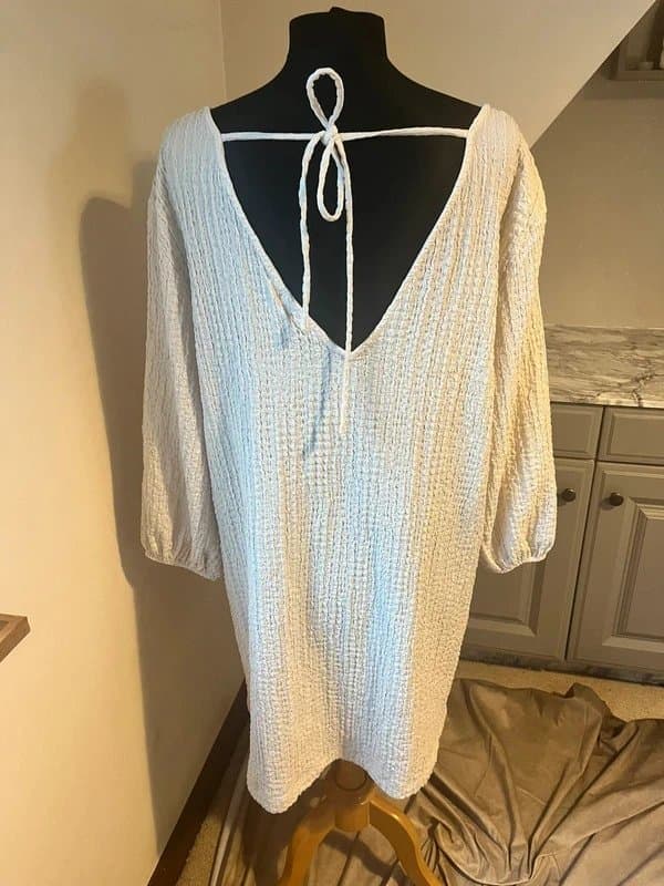 H&M H&M Off White Linen Long Sleeve Tie Back Summer Dress Kaftan Cover Up Size Medium Very Good