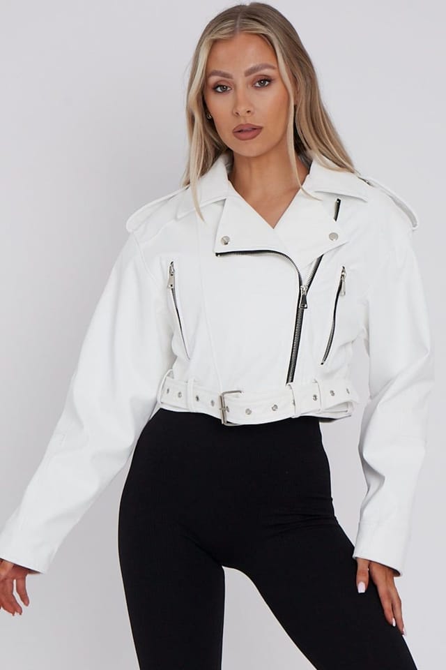 STYLEWISE STYLEWISE Women's Faux Leather Belted - Cropped Fit - Biker Jacket in White - 2